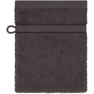 A dark grey towel with a textured surface and a loop for hanging. The towel features a horizontal band across the top.