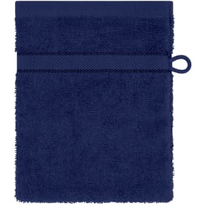 A navy blue flannel towel featuring a textured finish and a loop for hanging. It has a simple design with an accompanying logo.