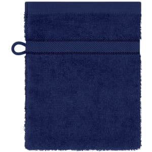 A navy blue flannel towel with a textured surface and a hanging loop at the top.