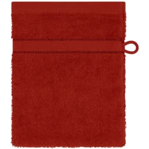 A red flannel towel with a loop for hanging and a textured surface. It features a horizontal band near the top.