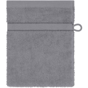 A grey towel with a textured surface and a loop for hanging, featuring a stitched band. It has a plain design.