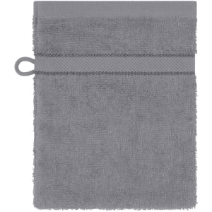 A grey flannel towel with a loop for hanging, featuring textured edges.