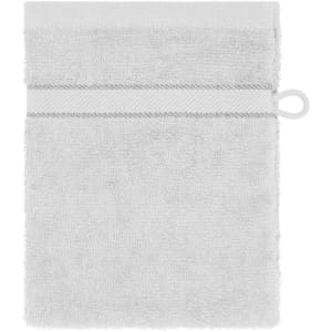 A grey towel featuring a textured design and a hanging loop. It has a simple, neutral appearance.