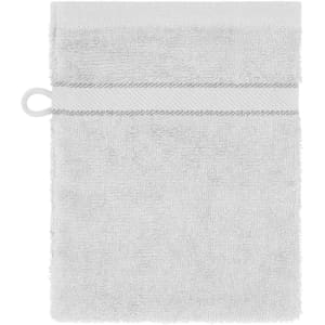 A white towel featuring a textured surface and a hanging loop, with a grey accent band around the middle.