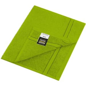 A bright green guest towel featuring a folded corner and a logo. Soft textured fabric for personal use.