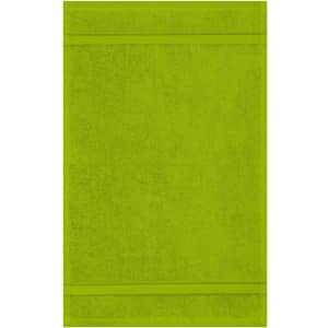 A green guest towel featuring a textured design and two horizontal stripes at the top and bottom.