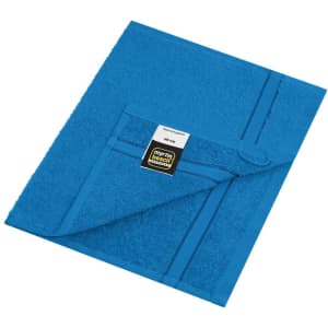 A bright blue guest towel with a textured surface and a branded label.
