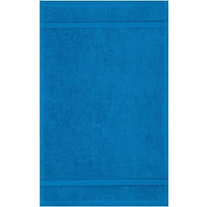 A blue guest towel featuring a textured surface with two horizontal stripes. It has a simple design and includes a logo.