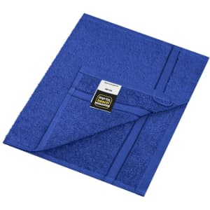 A blue guest towel featuring a textured surface and a brand logo, neatly folded.