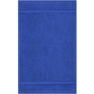 A blue guest towel featuring a textured design and a simple striped pattern. It has a logo in the corner.