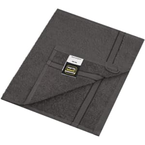 A grey hand towel with a textured surface, featuring a sewn-in label and a loop for hanging.