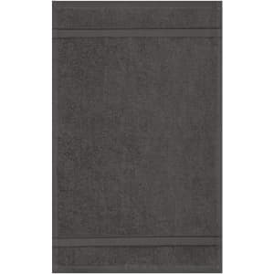 A grey hand towel with textured stripes and a woven logo at the bottom.