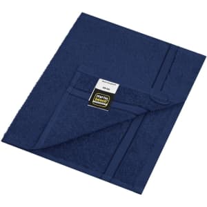 A navy blue guest towel with a textured surface, featuring a tag and a folded corner for easy handling.