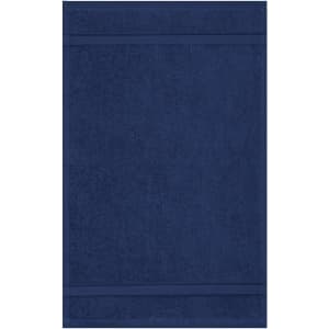 A navy blue guest towel featuring a textured design and a subtle border, with a logo visible.