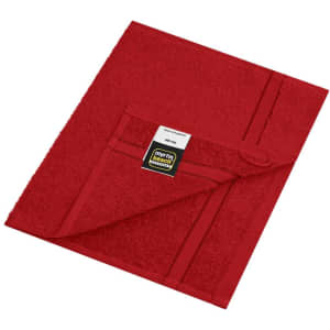 A red hand towel with a folded corner, featuring a branding label.