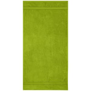 A green hand towel with a textured surface, featuring two horizontal stripes along the top and bottom edges.