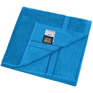 A blue hand towel featuring a pocket and a logo. The towel is thick and plush, ideal for personal use.