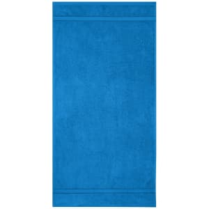 A blue hand towel with textured detailing, featuring a simple design and branding in one corner.