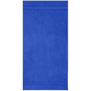 A hand towel in a vibrant blue colour, featuring a simple design and a logo in the corner.