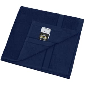 A navy hand towel featuring a plain texture and a logo on the corner.