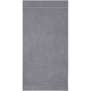 A grey hand towel featuring a simple design and two horizontal stripes at the top and bottom. It has a logo.