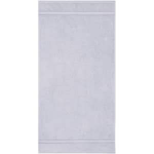 A hand towel in light grey with two stitched stripes along the top. The towel features a branding logo.
