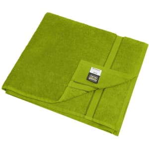 A bright green bath towel featuring a fold-over design and a brand logo. Soft and plush fabric texture.