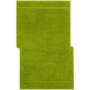 A green bath towel with a smooth texture and a simple design, featuring stitching along the edges.