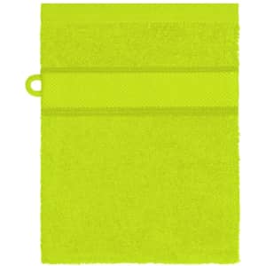A bright lime green hand towel featuring a textured band and a loop for hanging, with a logo present.