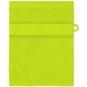 A vibrant neon yellow hand towel with a textured band and a loop for easy hanging.