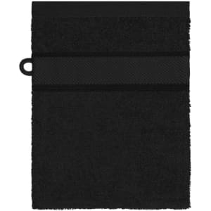 A black hand towel featuring a textured band and a loop for hanging. It has a soft, plush texture.