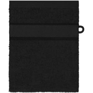 A black hand towel featuring a textured band and a hanging loop. It has a soft, plush texture.