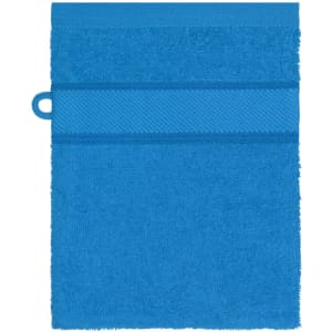 A blue hand towel featuring a textured stripe. The towel has a loop for easy hanging and includes branding.