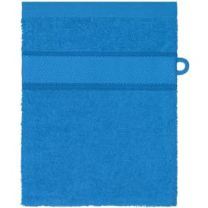 A blue hand towel with a textured band and a hanging loop, featuring a logo.