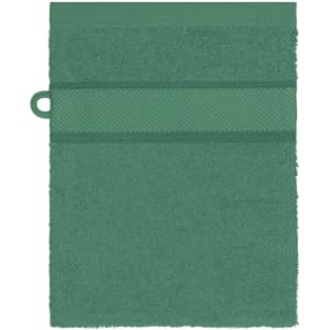 A green hand towel featuring a textured band and a hanging loop. It has a soft, fluffy texture.