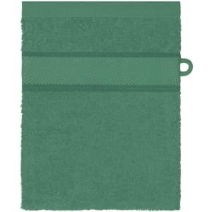 A green hand towel featuring a textured band and a hanging loop. It has a simple design and soft texture.