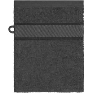 A dark grey hand towel featuring a textured band and a hanging loop, with branding present.