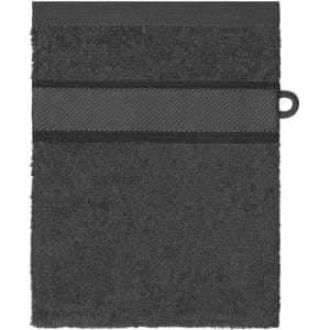 A dark grey hand towel with a textured band and a loop for hanging. It has a soft, plush surface.
