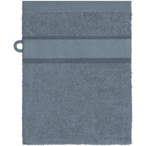 A hand towel in a soft blue shade, featuring a textured stripe design and a hanging loop.