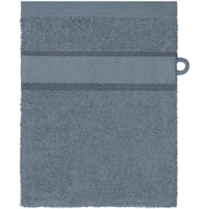 A blue hand towel featuring a textured band and a hanging loop, displaying a soft and absorbent fabric.