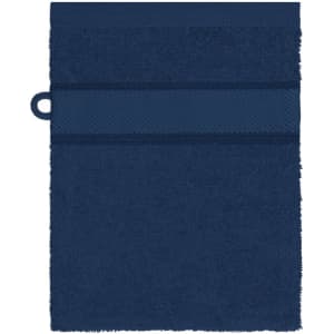 A navy hand towel with a textured band and a hanging loop. The towel features a simple, soft design.