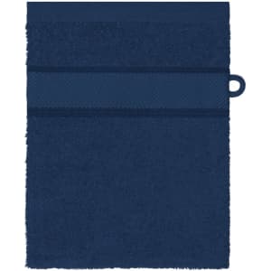 A navy blue flannel hand towel with a textured stripe detail and a loop for hanging. It features a logo.