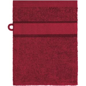 A dark red hand towel featuring a textured band and a hanging loop. It has a branded logo on the side.