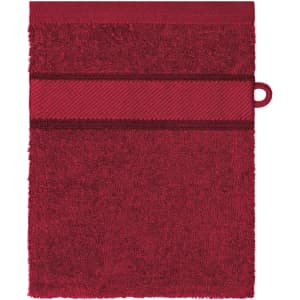 A red hand towel featuring a textured band and a hanging loop, with a logo present.