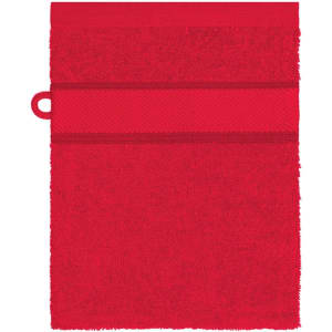 A vibrant red flannel hand towel featuring a textured stripe and a hanging loop.