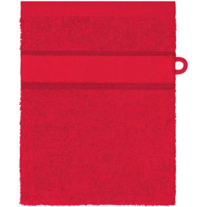 A red flannel hand towel featuring a textured stripe and a hanging loop. Includes a logo.