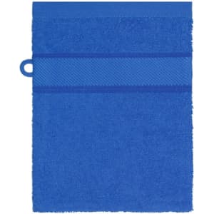 A blue hand towel featuring a textured band and a loop for hanging. The towel has a soft, plush surface.
