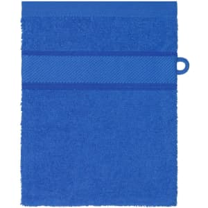 A blue hand towel with a textured band across the centre and a hanging loop. It features a branding logo.