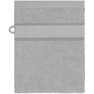 A grey hand towel featuring a textured band and a loop for hanging, with a subtle brand logo.