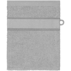 A grey hand towel featuring textured detailing and a loop for hanging, with a branded logo.